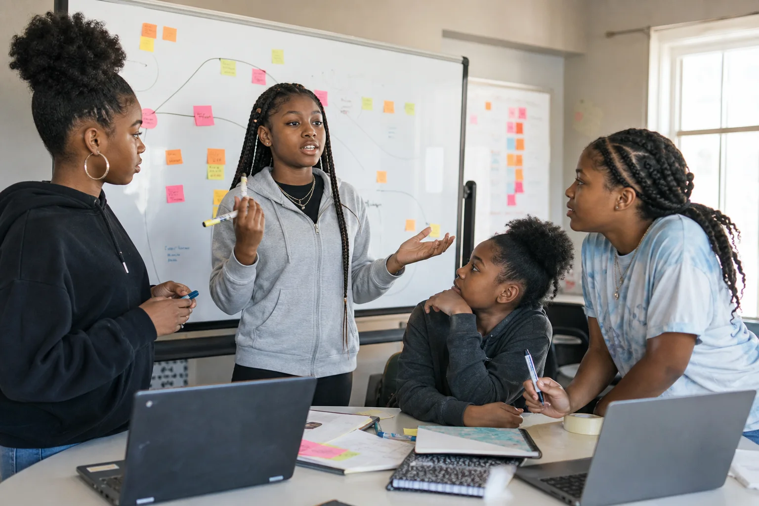 Teen girls leading a collaborative planning session with a whiteboard and laptops