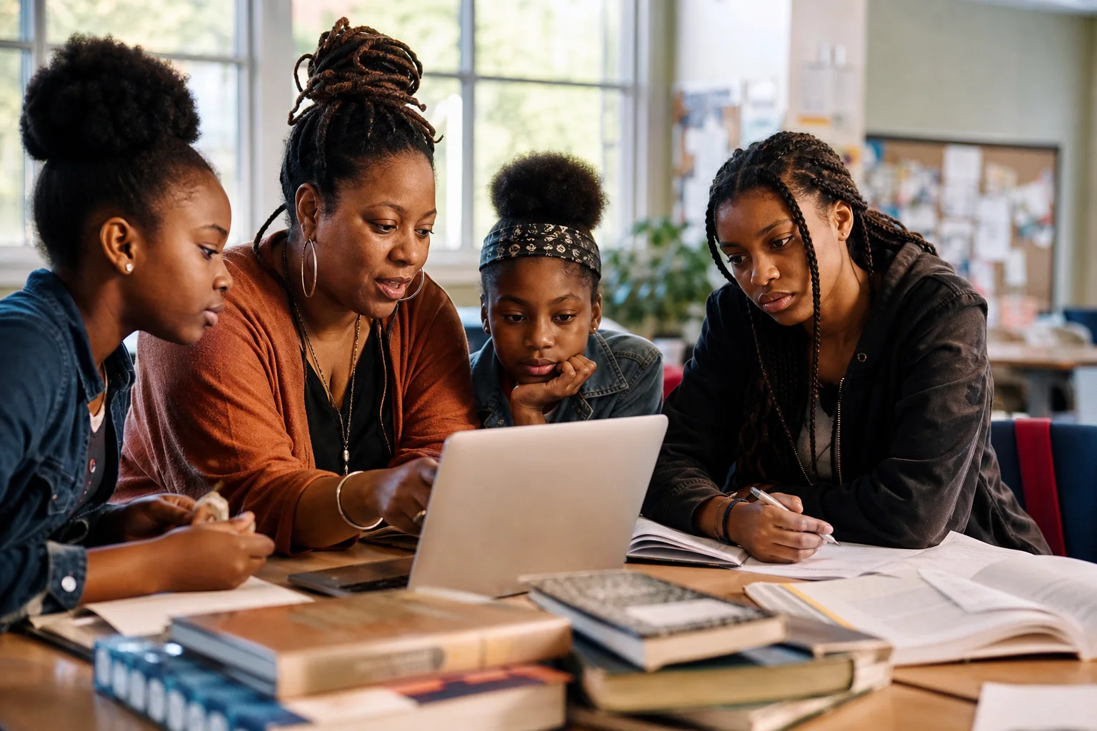 A mentor working with girls around a laptop, books, and notebooks in a community learning room