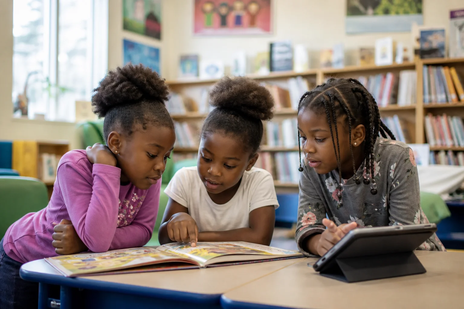 Three young girls sharing a picture book and tablet in a library learning space