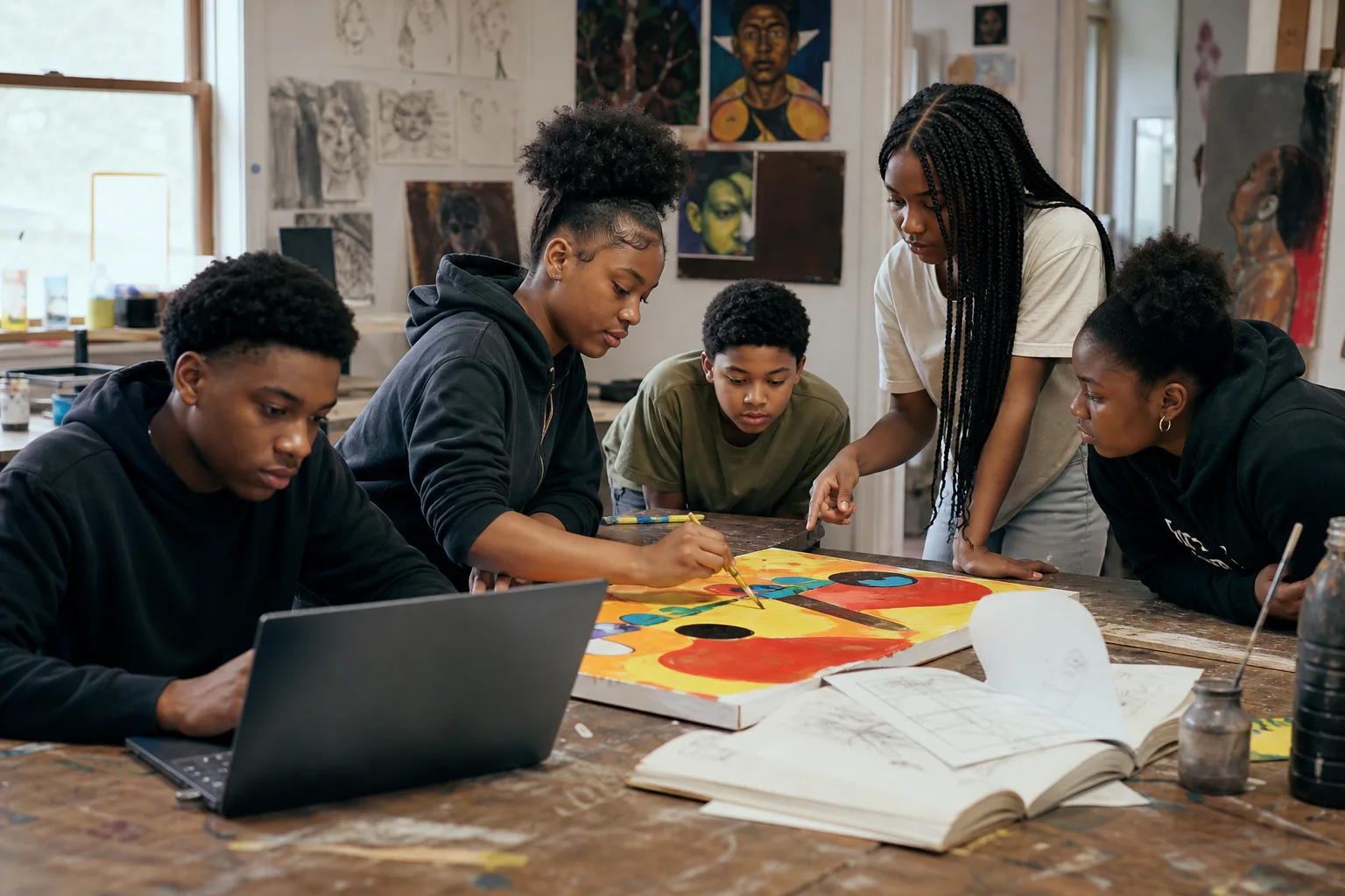 Youth collaborating on a painted panel and a laptop in a creative studio